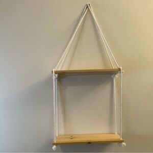 Bohemian Wooden Hanging Shelf with White Rope